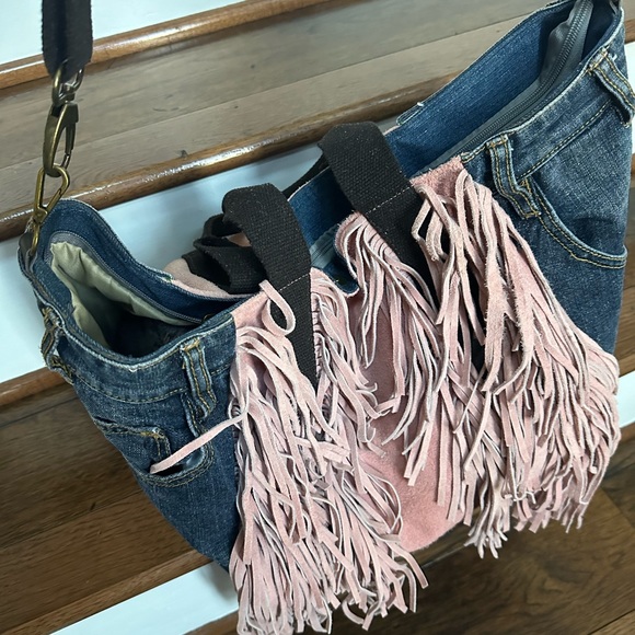 NWOT Upcycled Boho Denim and Suede Tote - Picture 4 of 12